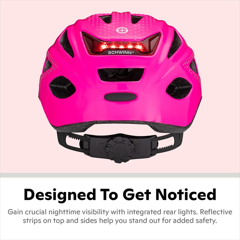 Schwinn Beam Lighted Helmet for Adults, Pink, Size 58 - 62 cm for Riders Ages 14+, Rear LED Light, Reflective Strips, Adjustable Dial and Straps, 17 Air Vents, Removable Visor, Adult Bike Helmet - Image 2
